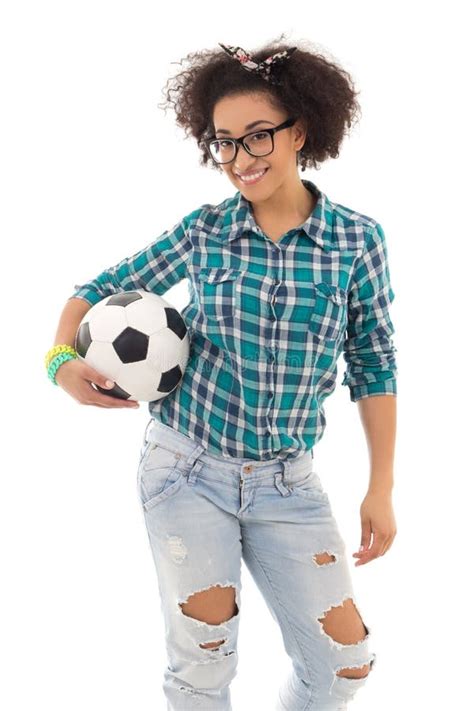 Beautiful African American Teenage Girl With Soccer Ball Isolate Stock