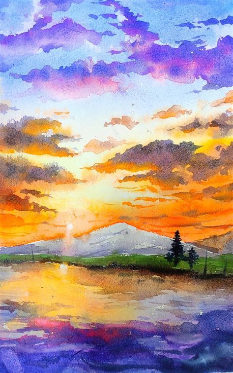 Watercolor Painting Of A Beautiful Sunset Cloud Landscapestep By Step