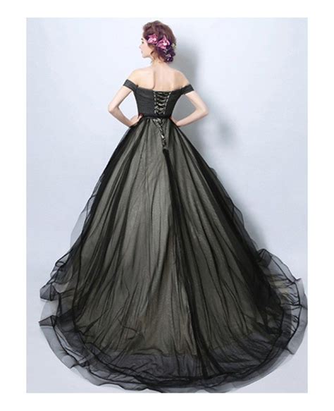 Black Ball Gown Off The Shoulder Court Train Tulle Wedding Dress Tj080