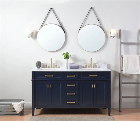 59w x 22d x 1.5h *quartz top can be trimmed to 58 mirror: 60" Modern Navy Blue Double Sink Bathroom Vanity