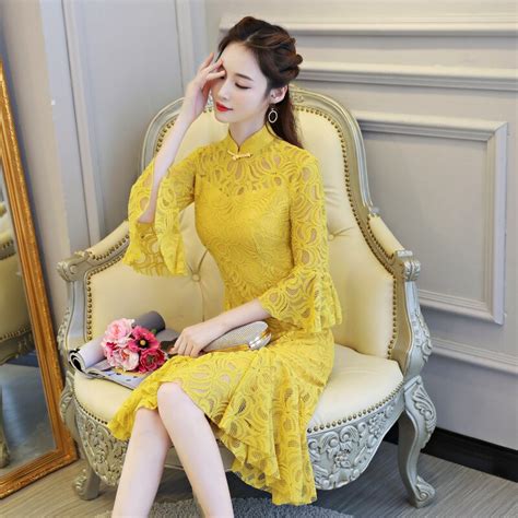Lace Cheongsam Sexy Qipao Long Traditional Chinese Dresses Yellow