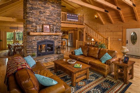 Great Room With Double Sided Fireplace Cabin Interiors Log Home