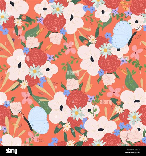 Seamless Flower Pattern Bright Floral Background With Blossoms And