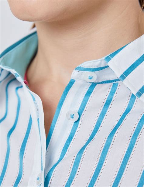 Womens Blue And White Tonal Stripe Semi Fitted Shirt Single Cuff