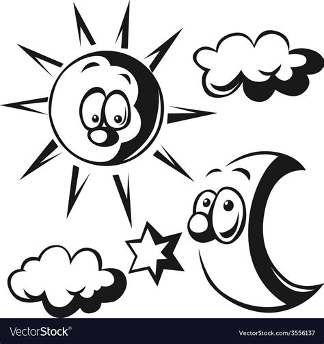 Moon With Star And Cloud Outline Vector Illustration
