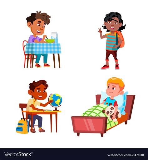 Boys Kids Doing Daily Routine Activity Set Vector Image