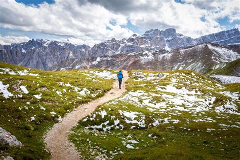 Backpacker Female Tourist Hiking Alone Alpine Mountains Footpath Italy