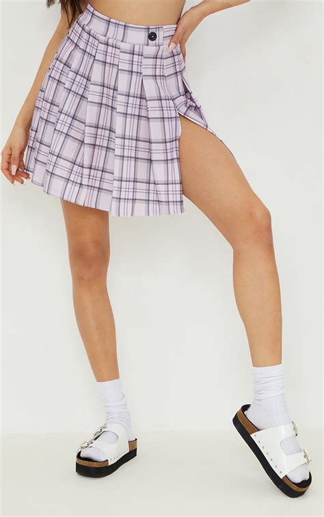 Lilac Check Tennis Side Split Skirt Prettylittlething
