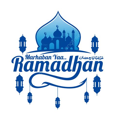 Greeting Text Of Marhaban Ya Ramadhan With Blue Dome Mosque Vector