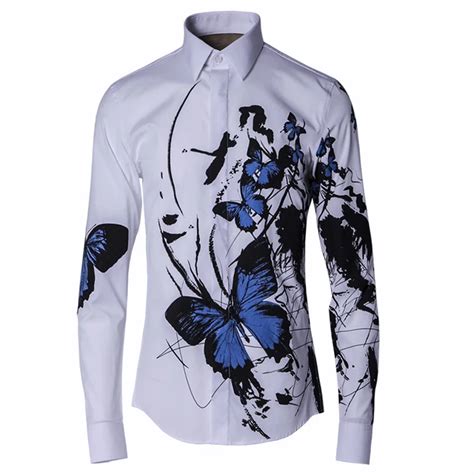 Luxury Brand Men Dress Shirts Butterfly Print Long Sleeve Shirt Men