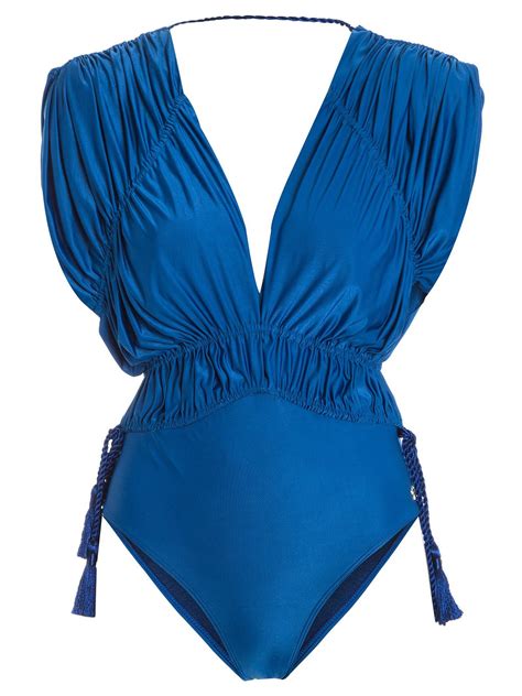 Luxury Blue One Piece Swimsuit In The Style Of A Pleated Leotard Rio