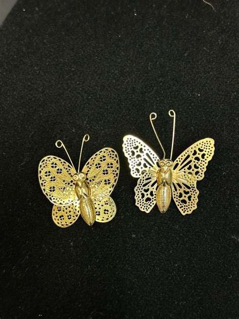 Pair Of Gold Tone Metal Filigree Style Butterfly Pins Brooches