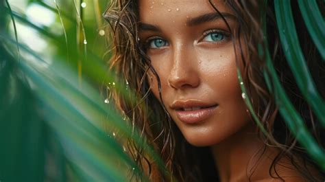 premium photo beautiful tanned girl with natural makeup and wet hair stands in the jungle