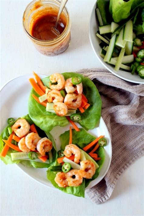 Shrimp salad recipes are among some of my favorite recipes thanks to their versatility and quick cooking and include this peach and kohlrabi summer salad with chipotle shrimp, shrimp and avocado salad with cilantro dressing, and shrimp and avocado salad with miso dressing. Thai Shrimp Lettuce Wraps - The Wheatless Kitchen