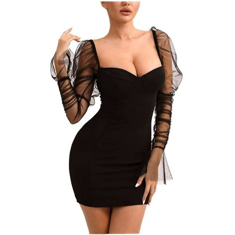 sexy see through mesh sheer puff long sleeve club dress bodycon party clubwear for women