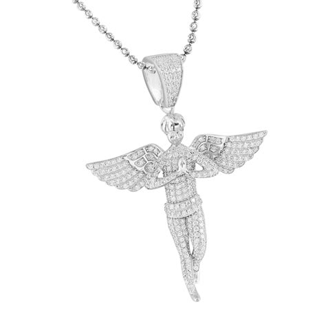 Sterling Silver Angel Pendant White Gold Tone Iced Out Chain Sterling