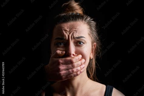 Stressed Unhappy Scared Crying Woman Victim In Fear With Closed Mouth