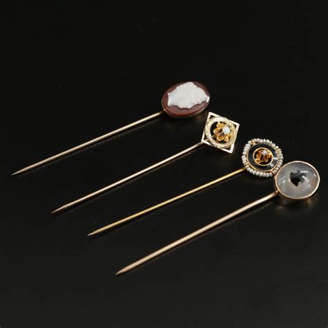 Collection Of Vintage 10k Gold Stick Pin With Cameo And Diamond Pins Ebth