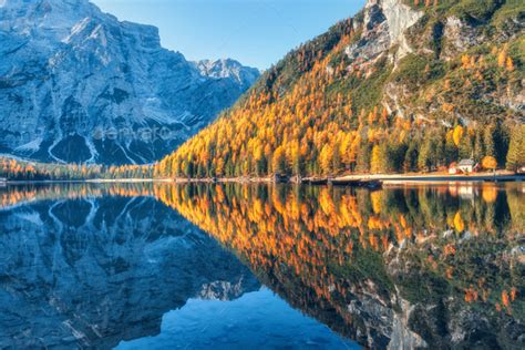 Braies Lake At Sunrise In Autumn In Dolomites Italy Stock Photo By Den