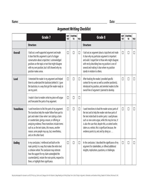 Fillable Online Argument Writing Checklist Grades 7 And 8 Cajon