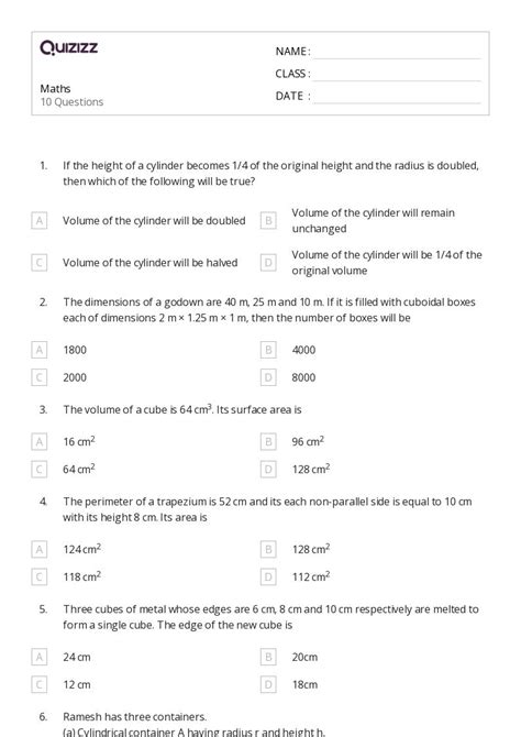 50 Volume And Surface Area Of Cubes Worksheets For 10th Class On