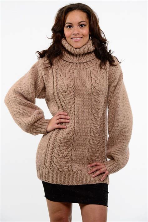 Hand Knitted Medium Brown Angora Cabled Turtleneck Unisex Sweater Size L Sweaters Ladies