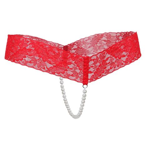 Sexy Women Crotchless Panties Sheer Lace Thong Underwear Pearls Strings