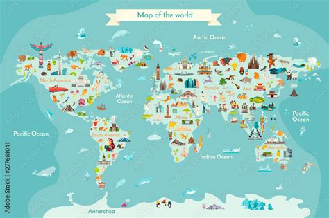 World travel map with landmarks, animals and sight of country. Vector