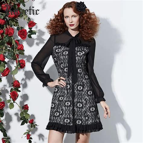 rosetic gothic vintage dress lace chiffon black see through patchwork fashion slim sexy party