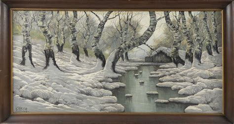 lot-winter-scene-landscape-painting-depicts-trees-and-a-cabin-along-a-stream-signed-lower