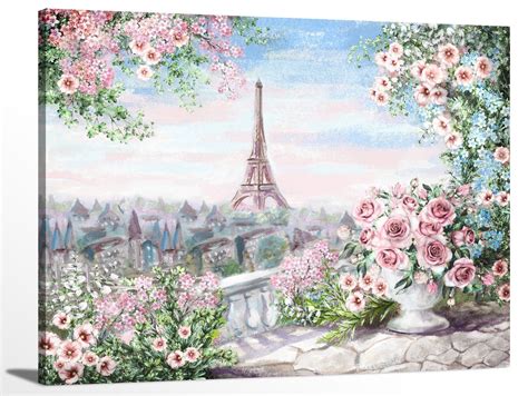 Watercolor Painting Paris Eiffel Tower Pink Flowers France Etsy