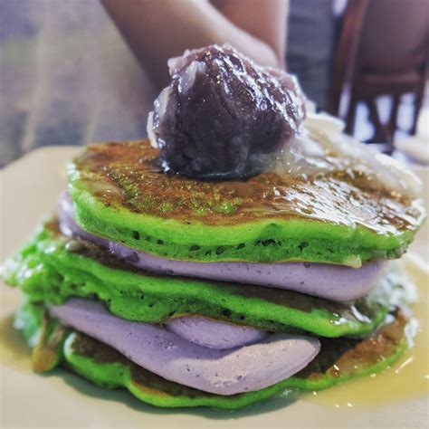 This pandan leaf pancake recipe is quintessential bali! I Ate Pandan Pancakes with Ube Cream Cheese and Caramel Coconut Syrup Food Recipes (With ...