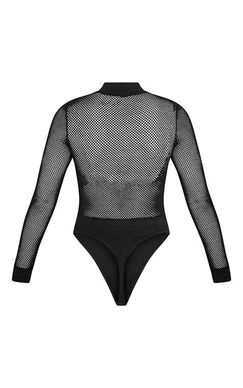 Black Long Sleeve Fishnet High Neck Bodysuit Prettylittlething