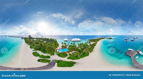 Aerial Spherical Panorama Of Tropical Paradise Beach On Tiny Maldives
