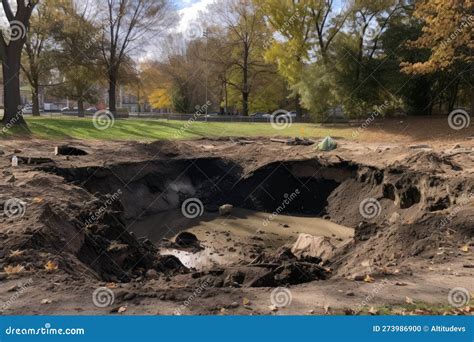 Sinkhole Forming In The Middle Of A Park With Debris And Mud Visible