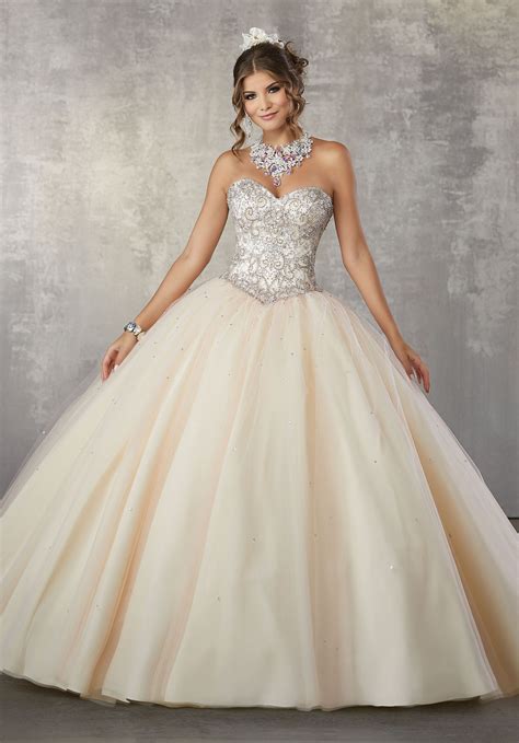 Rhinestone And Crystal Beaded Bodice On A Tulle Ballgown Quince