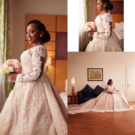 African Nigerian 2019 Long Sleeves Wedding Dresses Beads Crystals Lace