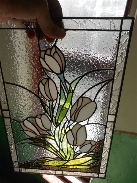 White Tulips Flower Stained Glass Panel Suncatcher Etsy