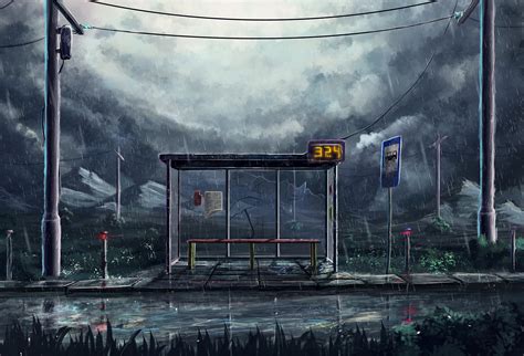 Artwork Sylar Rain Bus Stations Power Lines Signs Utility Pole