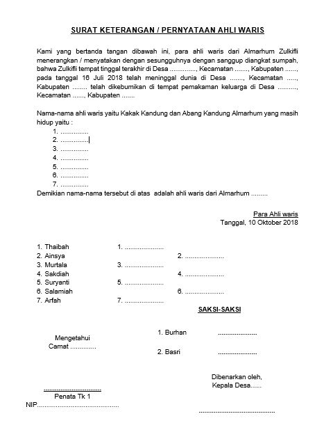 Penerima kuasa yang merupakan ahli waris dari pemberi kuasa atas sebidang tanah seluas 100ha yang terletak di jl. Contoh Surat Keterangan / Pernyataan Ahliwaris Penutupan ...