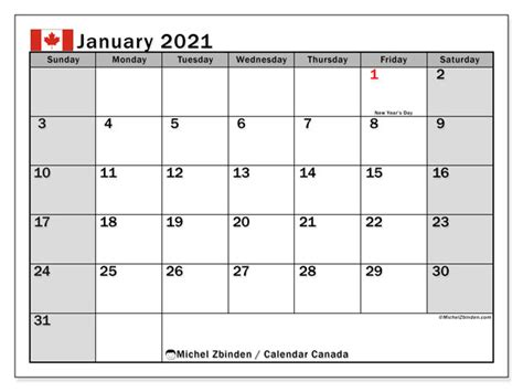 It is a january 2021 calendar with holidays with holidays, helping you plan all kinds of events at the beginning of the year. Calendar January 2021 - Canada - Michel Zbinden EN