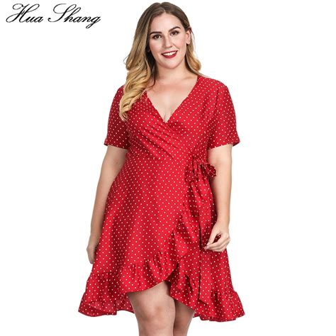 Woman Red Polka Dot Dress Plus Size Summer V Neck Short Sleeve Ruffles