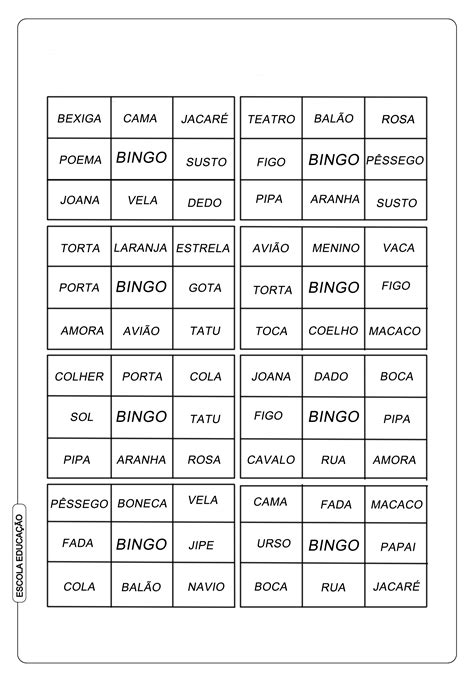 Lista De Palavras Para Bingo Escola Educação