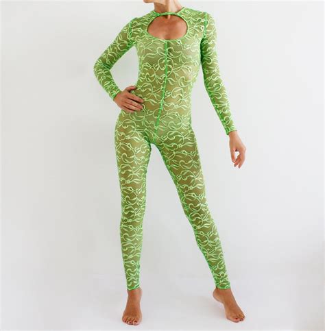 See Through Sheer Lace Catsuit Dance Neon Green Jumpsuit Etsy