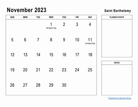 November 2023 Planner With Saint Barthelemy Holidays