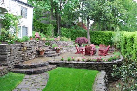 Tiered Patio Design Sloping Away From Home With Landscaping And Fire