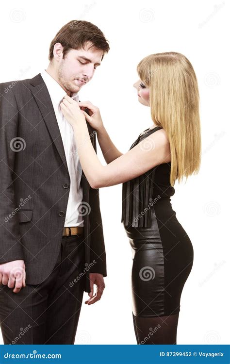 Woman Helping Man Dress Up Elegant Clothes Stock Photo Image Of
