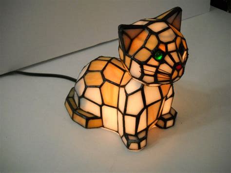 Large shade is finished with beaded border on lower rim. Stained Glass Bobble Head Cat Accent Light Kitten Accent ...