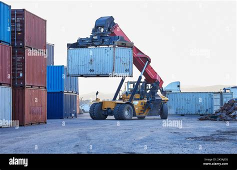 Logistics, cargo and forklift with container with stock for delivery in
