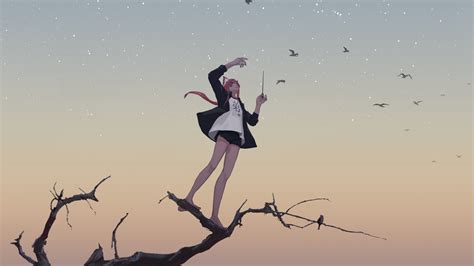Download 1920x1080 Wallpaper Relaxed Anime Girl Birds Sunset Sky